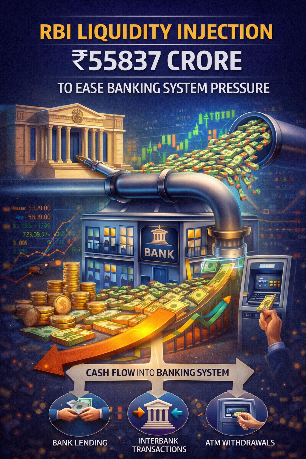 RBI liquidity injection infographic showing cash flow into banking system